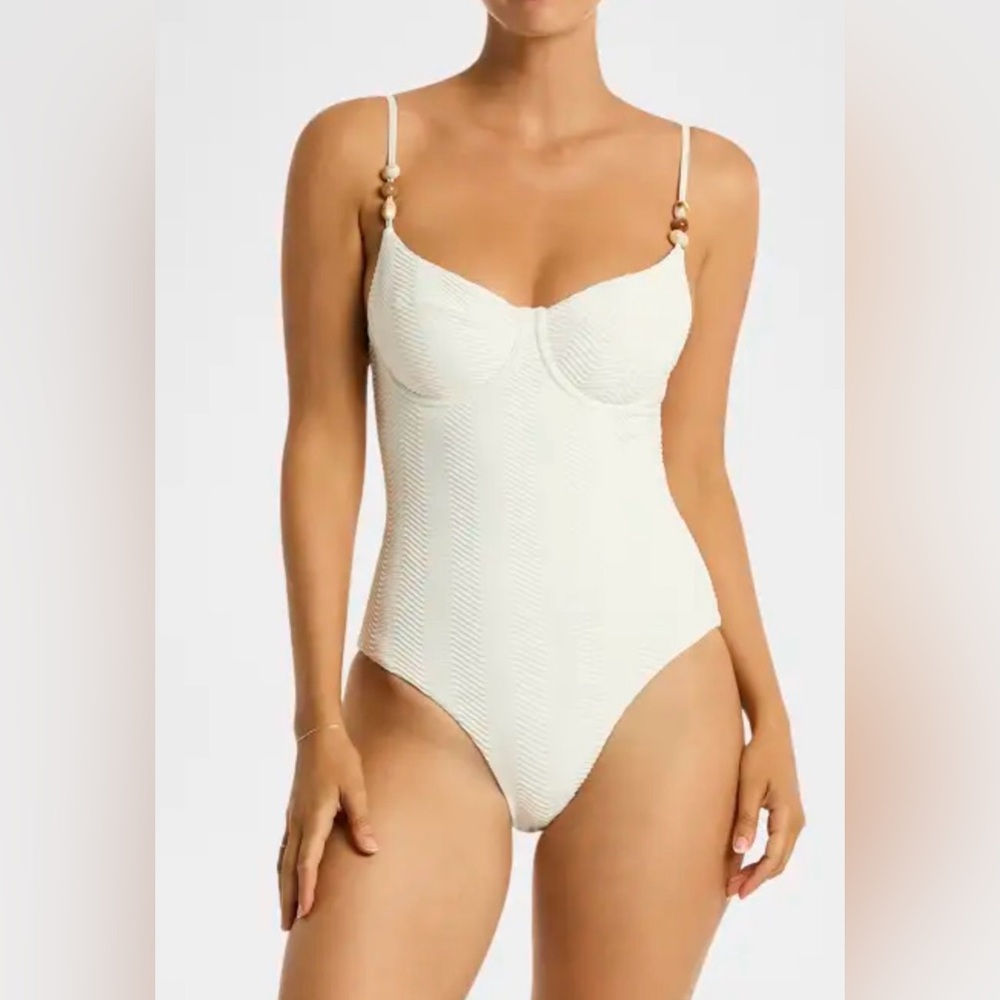 Sea Level Swim Beaded Strap Balconette One-Piece Swimsuit White Textured Size 6